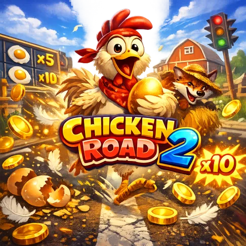 Promotional image featuring a funny chicken and road elements for the Chicken Road slot game.