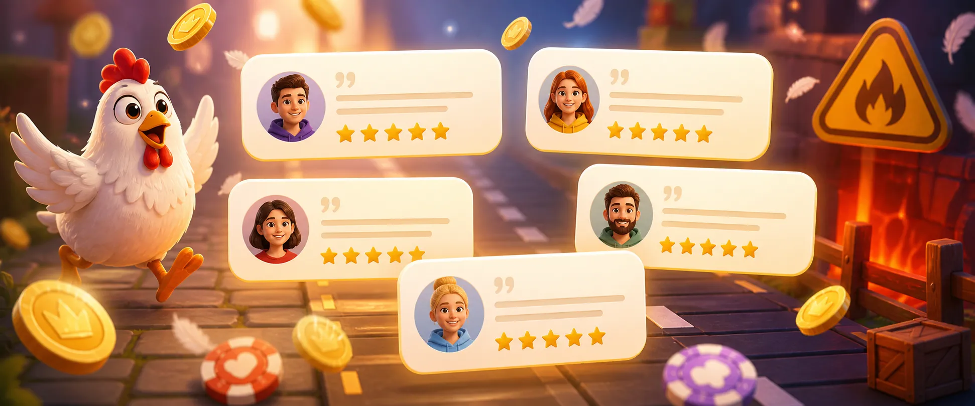 Modern iGaming reviews section with chicken-road themed accents, floating review cards, avatars, stars, and coins.